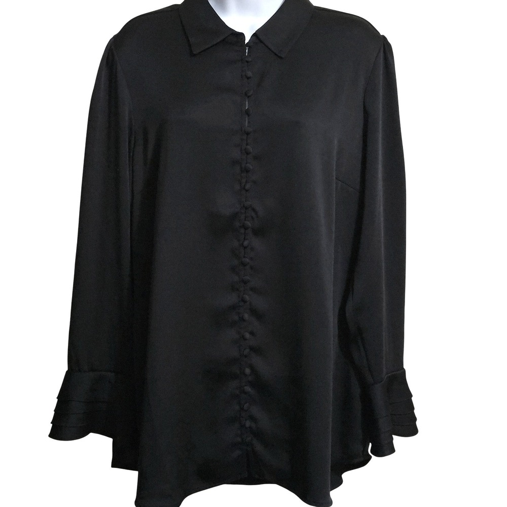 Soft Surroundings Button Front Blouse Womens‎ Large Black Satin Tiered Cuffs
